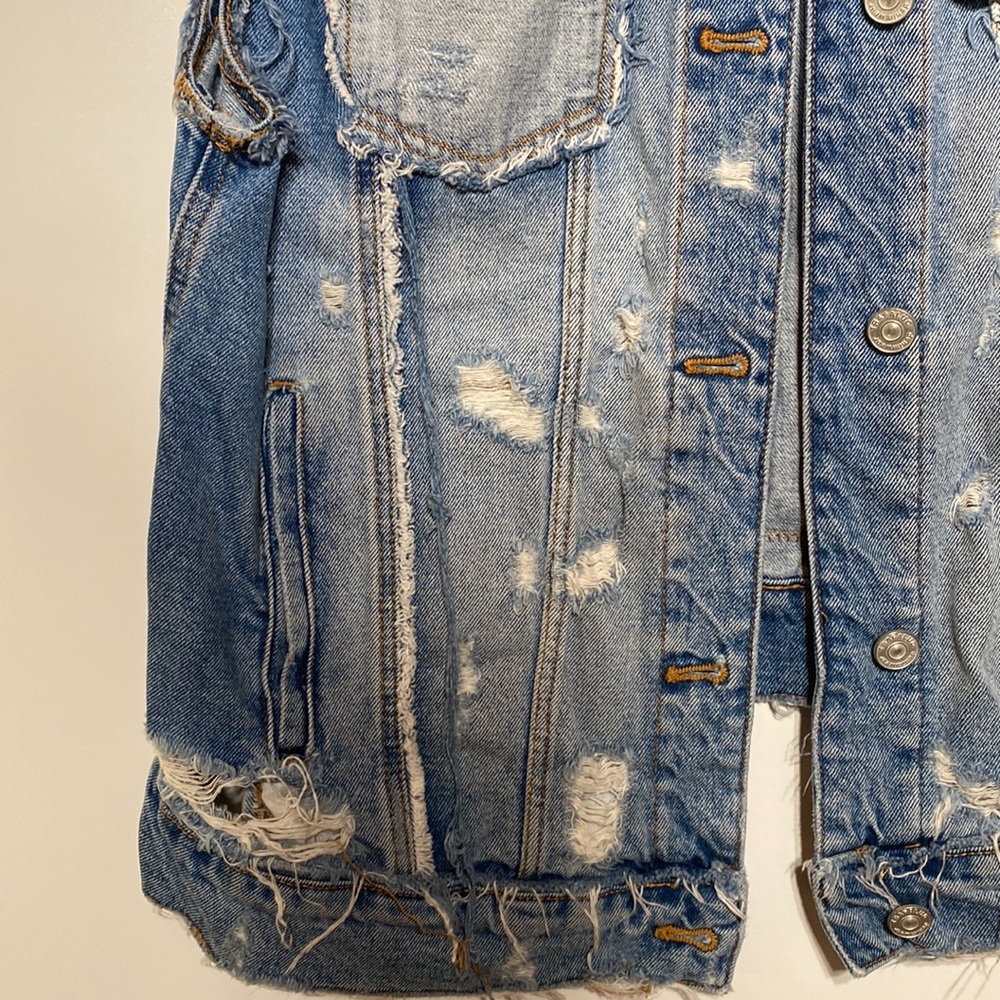 Oversized Distressed Denim Vest with Floral Back - Picture 6 of 17